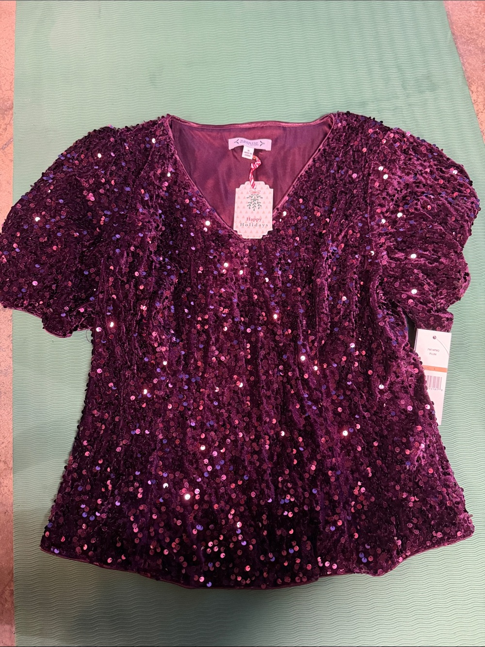 Nanette Lepore Purple Sequin V-Neck Puff Sleeve Top